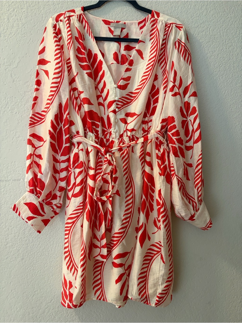 H&M Red and Cream Long-Sleeve Tie-Waist Floral Dress